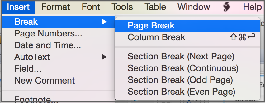 creat a section break in word for mac